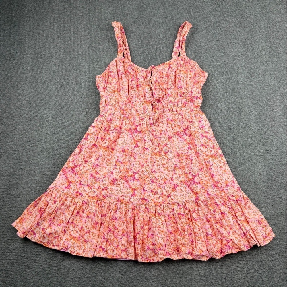 American Eagle Small Silky Tie-Front Mini Dress Pink Orange Floral Summer